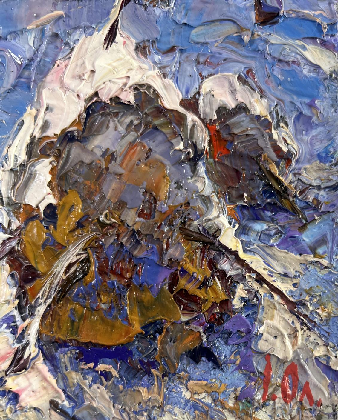 Textured impressionistic oil painting of bird in flight by Oleksiy Ivanyuk