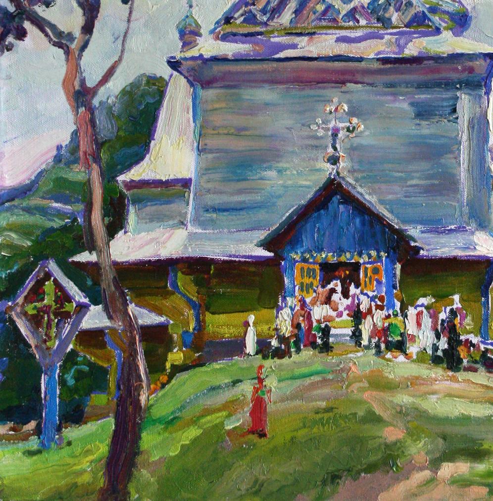 Oil painting Holiday by Leonid Pavlenko: vibrant blue wooden church with golden crosses