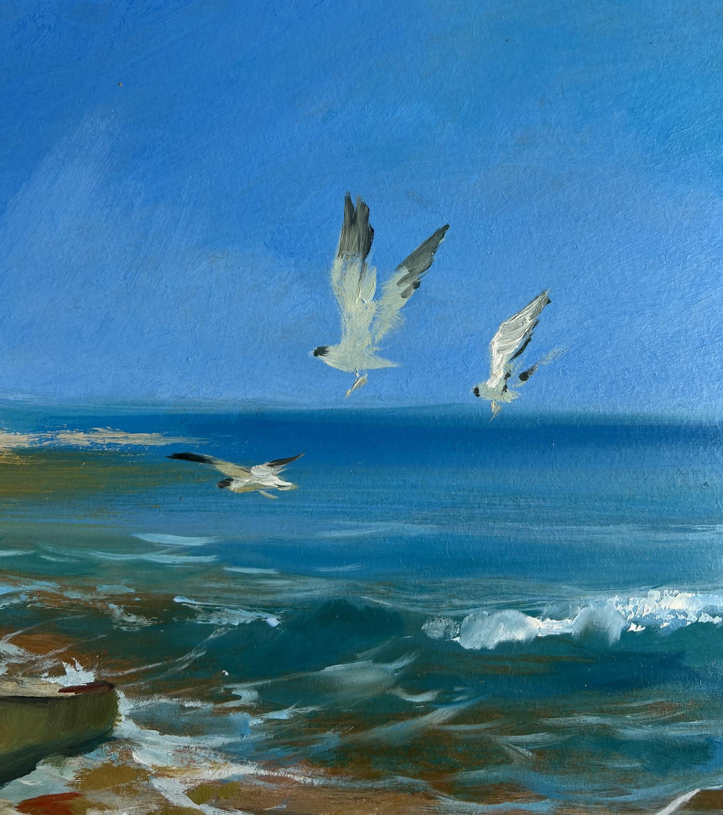 Oil painting of three seagulls soaring over ocean waves by Yuriy Suprunchuk