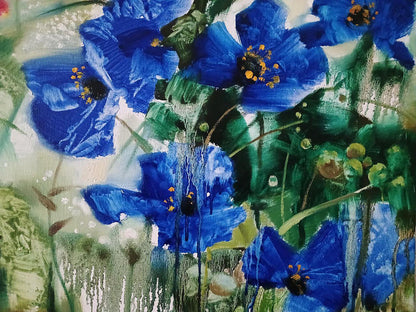 Abstract Morning Dew oil painting by Anatoly Tarabanov: vibrant blue poppies