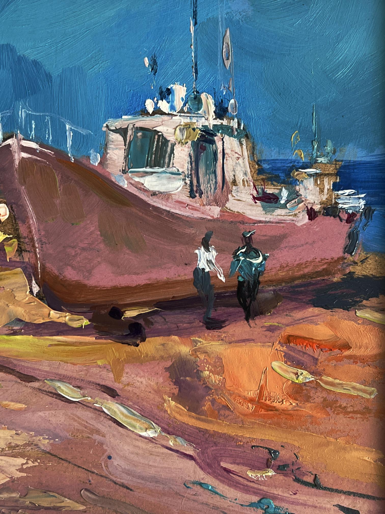 Vibrant impressionist oil painting of pink fishing boat on shore by Yuriy Suprunchuk