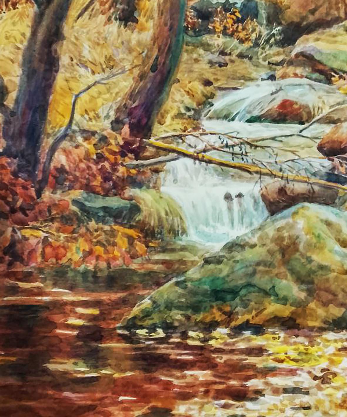 Vibrant watercolor painting of forest stream with autumn foliage by Vitaly Duhnevich