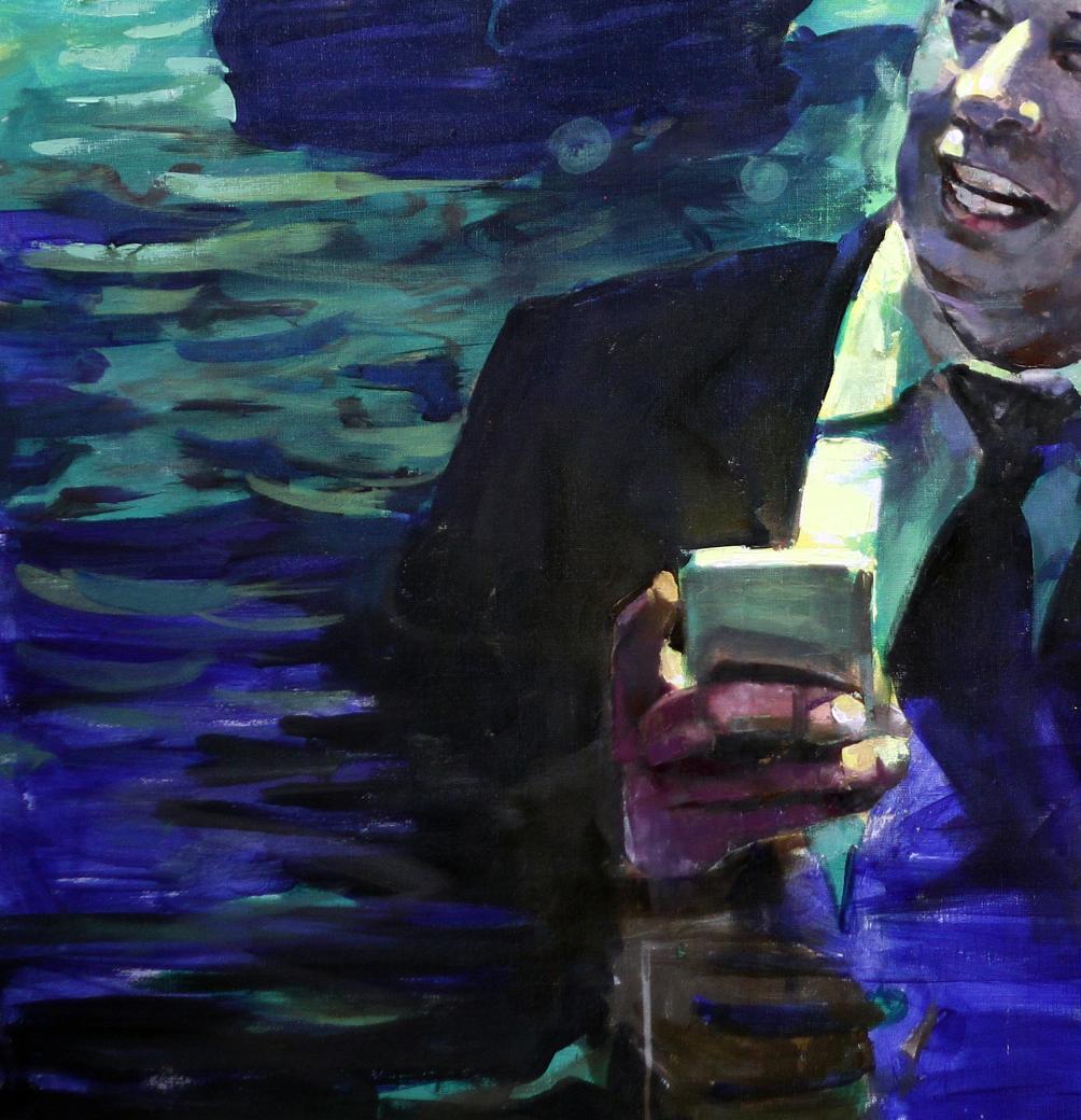 Oil painting of Elon Ed Potapenkov in dark suit holding silver smartphone on swirling blue-green background