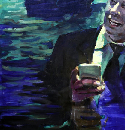 Oil painting of Elon Ed Potapenkov in dark suit holding silver smartphone on swirling blue-green background