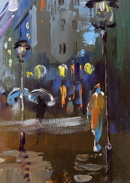 Abstract oil painting of rainy city street by Yuriy Suprunchuk