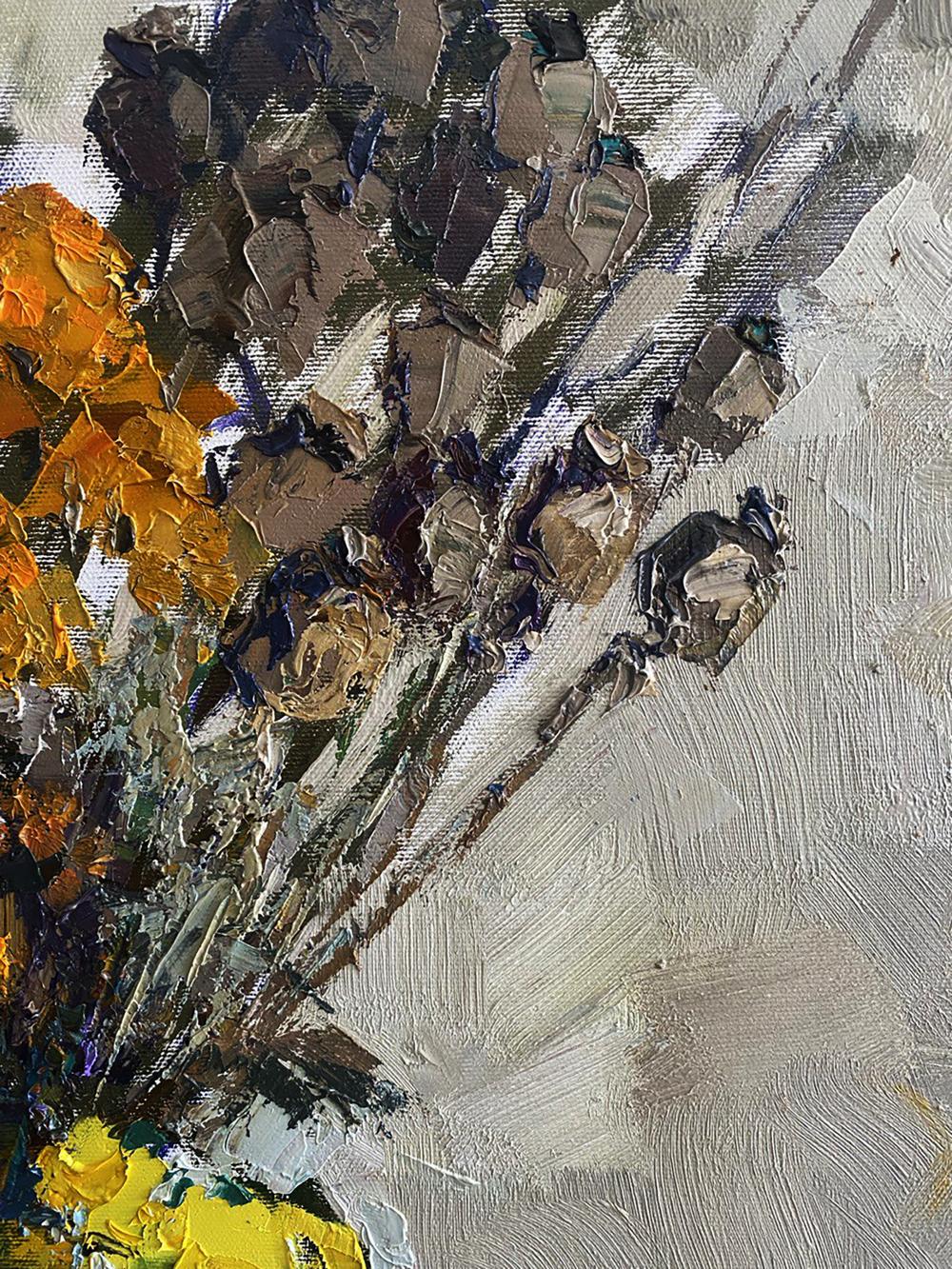 Oil painting Still life with apples by Oksana Ivanyuk, textured yellow orange brown on gray