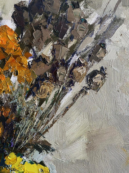 Oil painting Still life with apples by Oksana Ivanyuk, textured yellow orange brown on gray