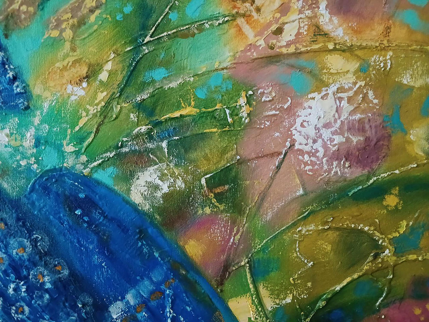 Abstract oil painting Blue Bird by Anatoly Tarabanov with blue green pink strokes