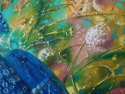 Abstract oil painting Blue Bird by Anatoly Tarabanov with blue green pink strokes