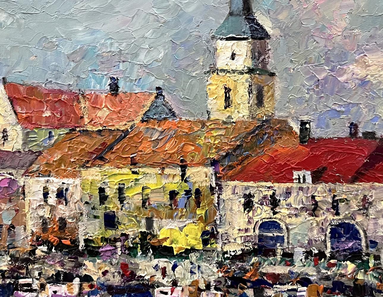 Oil painting City on the Water by Serhiy Rybak: vibrant rooftops, church tower