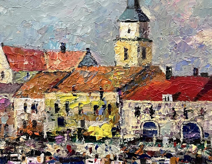 Oil painting City on the Water by Serhiy Rybak: vibrant rooftops, church tower
