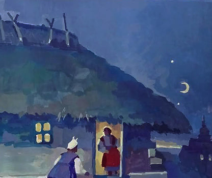 Gouache painting August Twilight by Anastasia Yaroshevich: warmly lit cottage doorway under starry sky