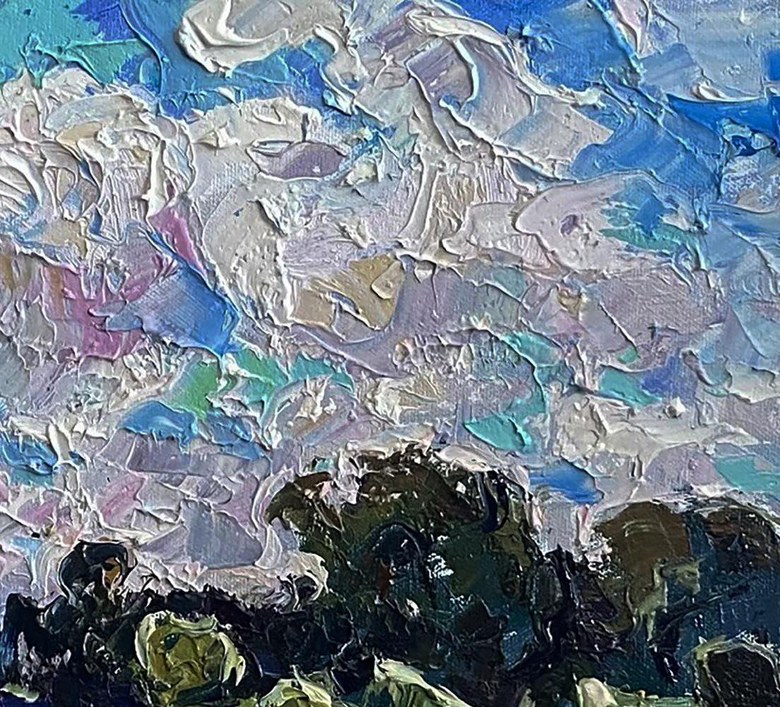 Textured abstract oil painting of horse grazing in field by Oleksiy Ivanyuk