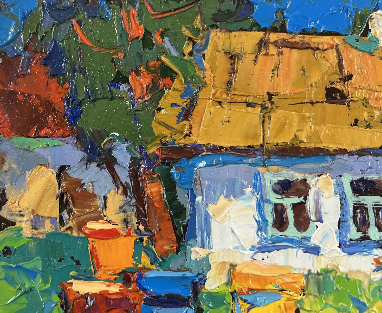 Vibrant impressionist oil painting of childhood on grass in village by Oksana Ivanyuk