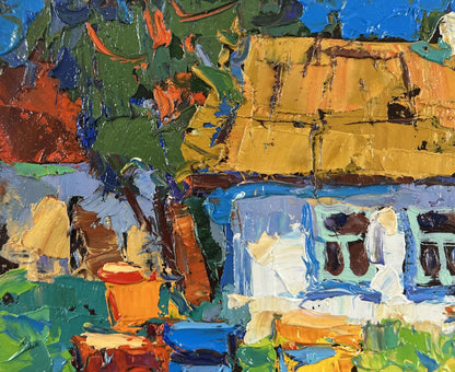 Vibrant impressionist oil painting of childhood on grass in village by Oksana Ivanyuk