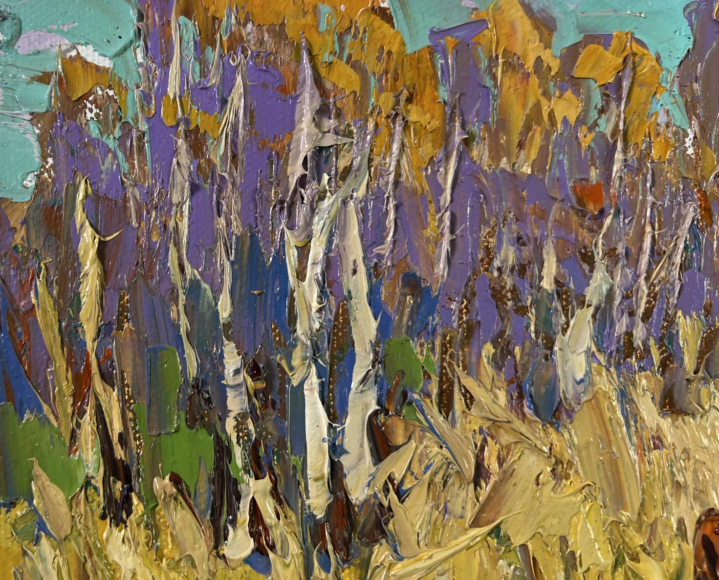 Vibrant abstract oil painting At the forest edge by Oleksiy Ivanyuk in purple gold teal