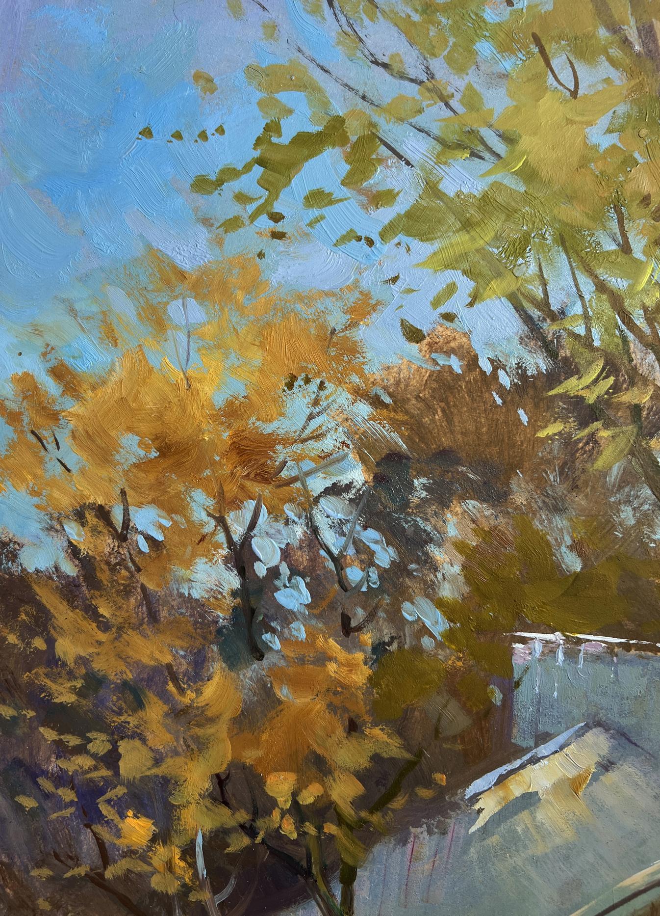 Vibrant autumn tree oil painting by Yuriy Suprunchuk, golden leaves blue sky