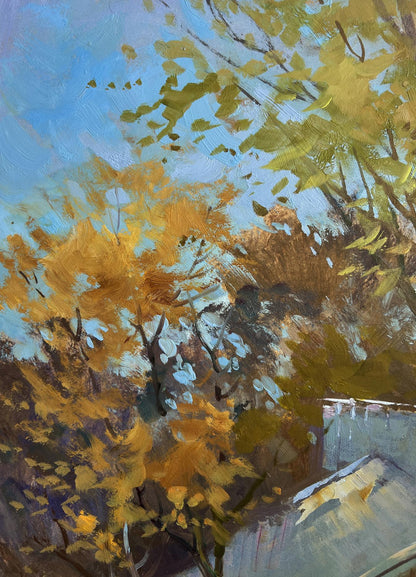 Vibrant autumn tree oil painting by Yuriy Suprunchuk, golden leaves blue sky