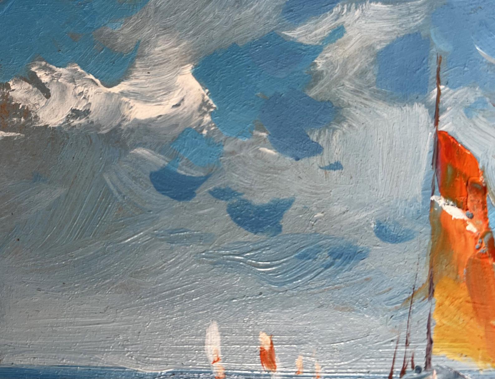 Vibrant orange sailboat oil painting On a journey by sea by Yuriy Suprunchuk