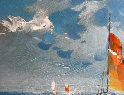 Vibrant orange sailboat oil painting On a journey by sea by Yuriy Suprunchuk