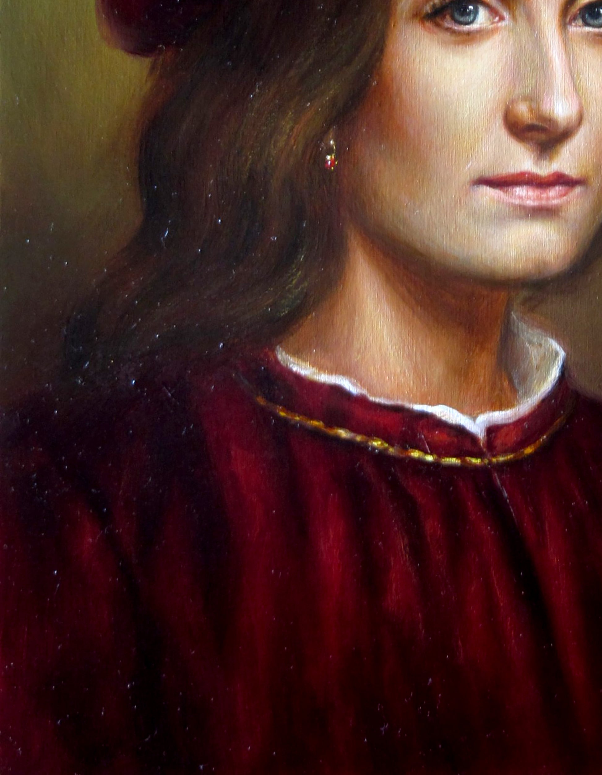Oil painting A smile through the ages Valeriy Bulat burgundy velvet with lace collar