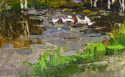 Textured impasto oil painting of ducks on lake near bridge by Oksana Ivanyuk