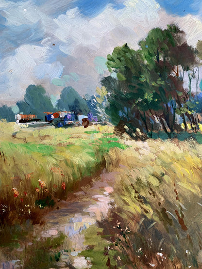 Vibrant impressionist oil painting of sunlit wheat field by Yuriy Suprunchuk