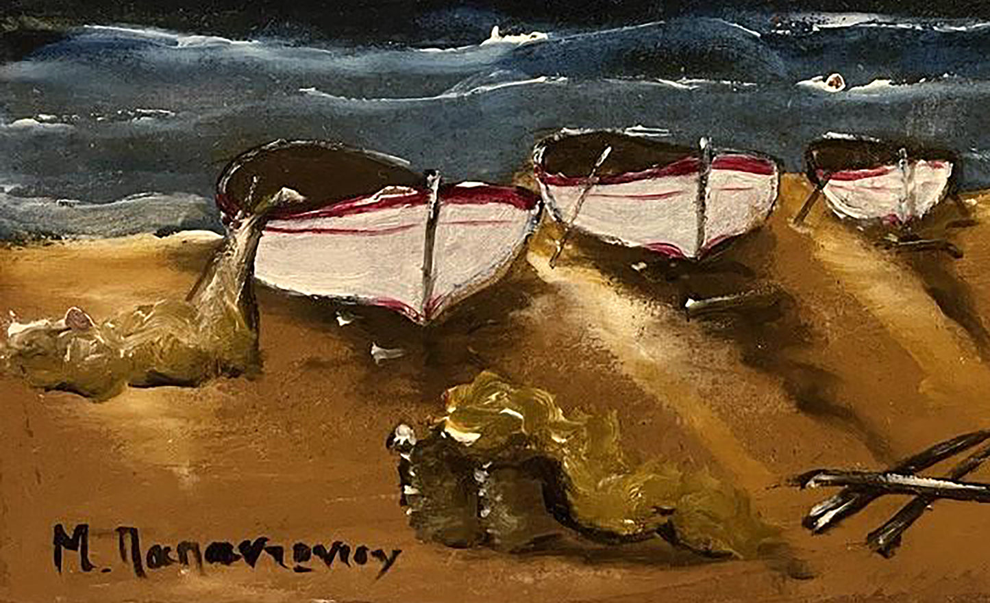 Oil painting of three small white boats with red stripes on sandy beach under dark sea, unknown artist