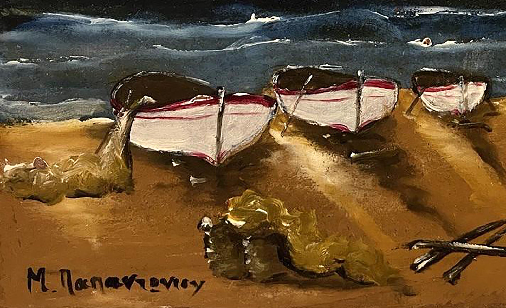 Oil painting of three small white boats with red stripes on sandy beach under dark sea, unknown artist