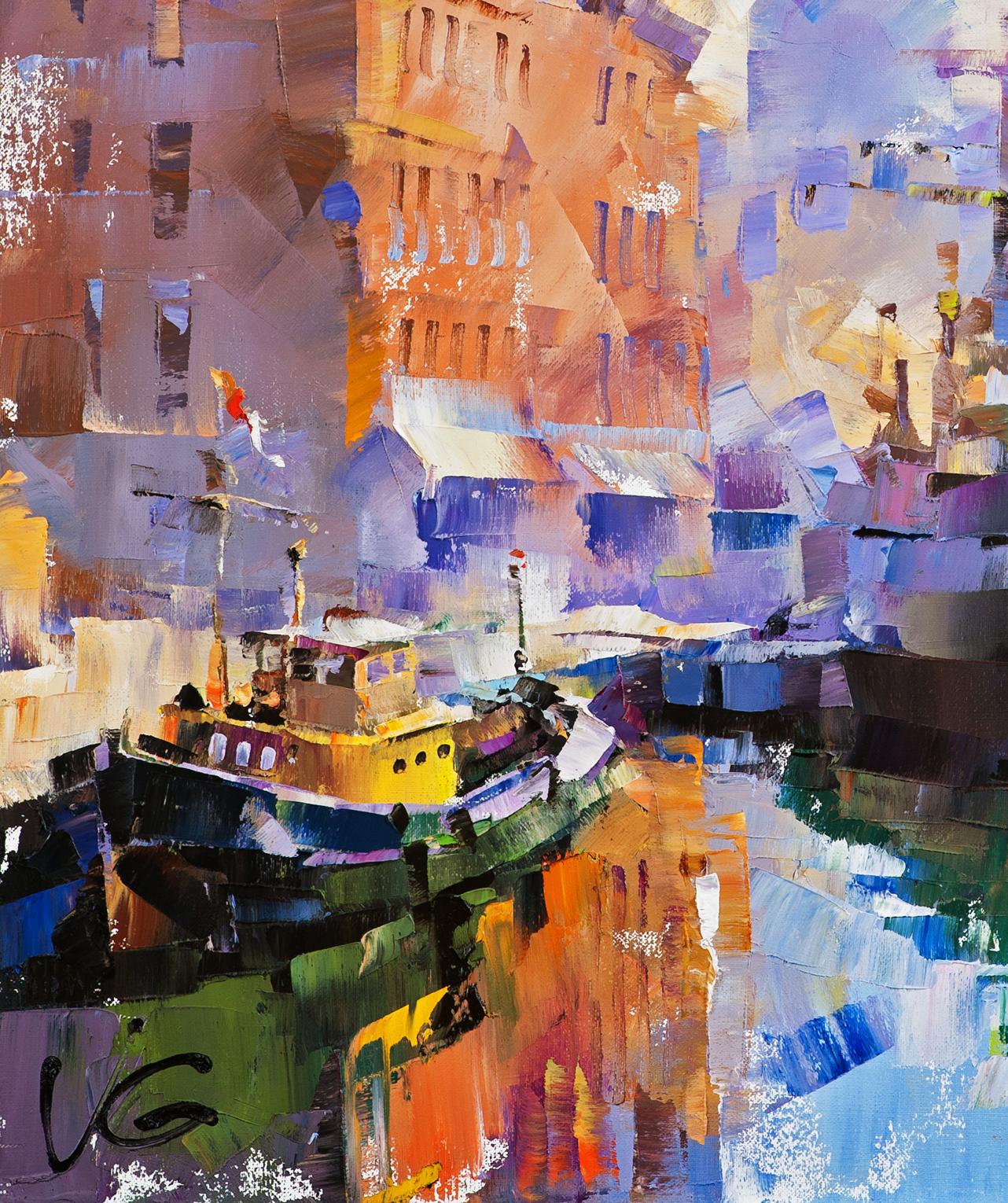 Vibrant abstract harbor oil painting by Volodymyr Gluhomanyuk Bliss