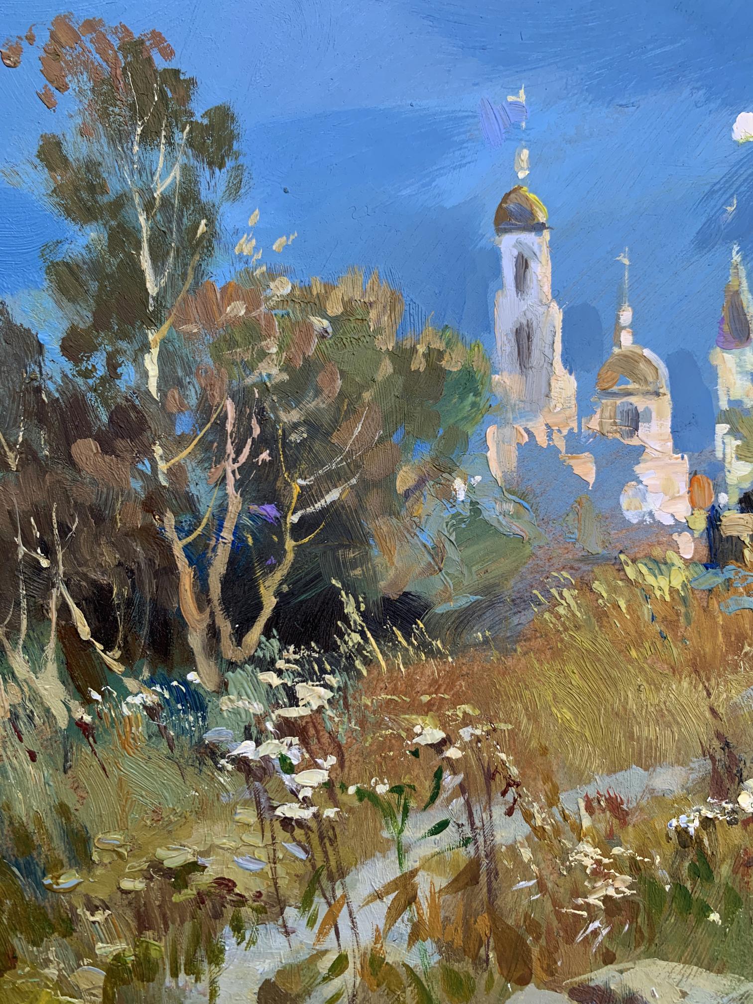 Oil painting by Yuriy Suprunchuk: white stone church with golden domes above autumn trees