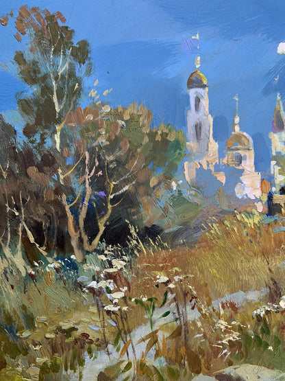 Oil painting by Yuriy Suprunchuk: white stone church with golden domes above autumn trees