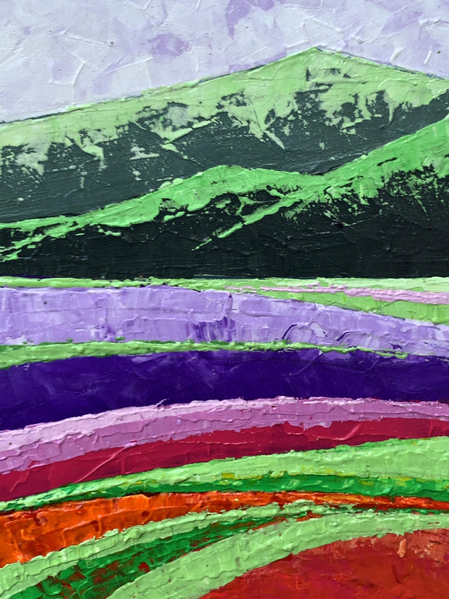 Vibrant oil painting of high green mountains by V. Zadorozhnya