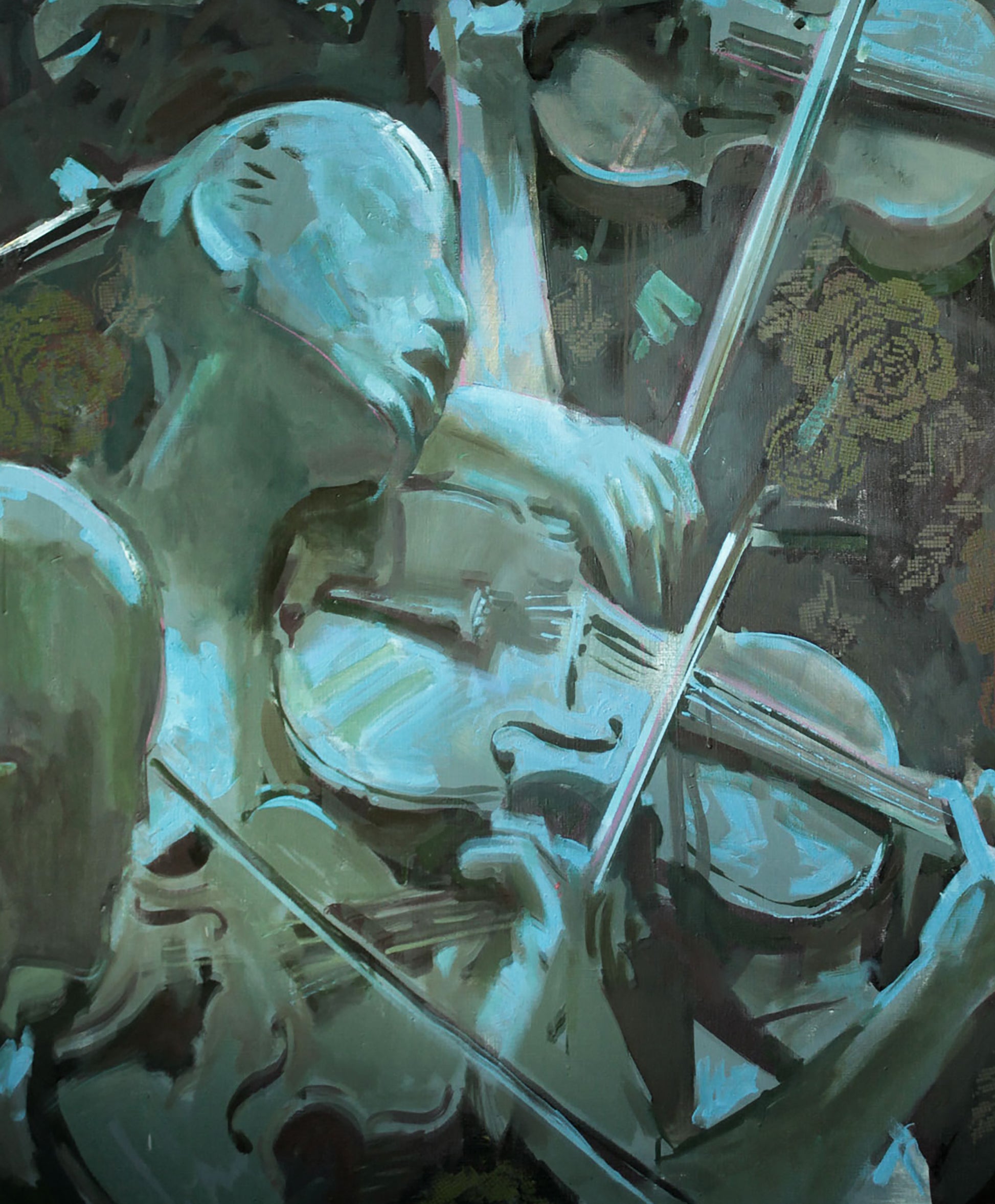 Silver-toned violin played by metallic figure in Suite Ed Potapenkov oil painting