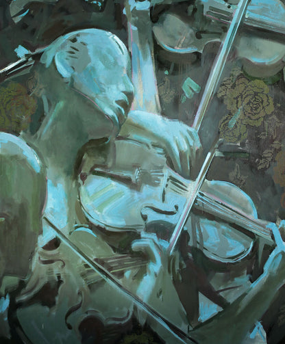 Silver-toned violin played by metallic figure in Suite Ed Potapenkov oil painting