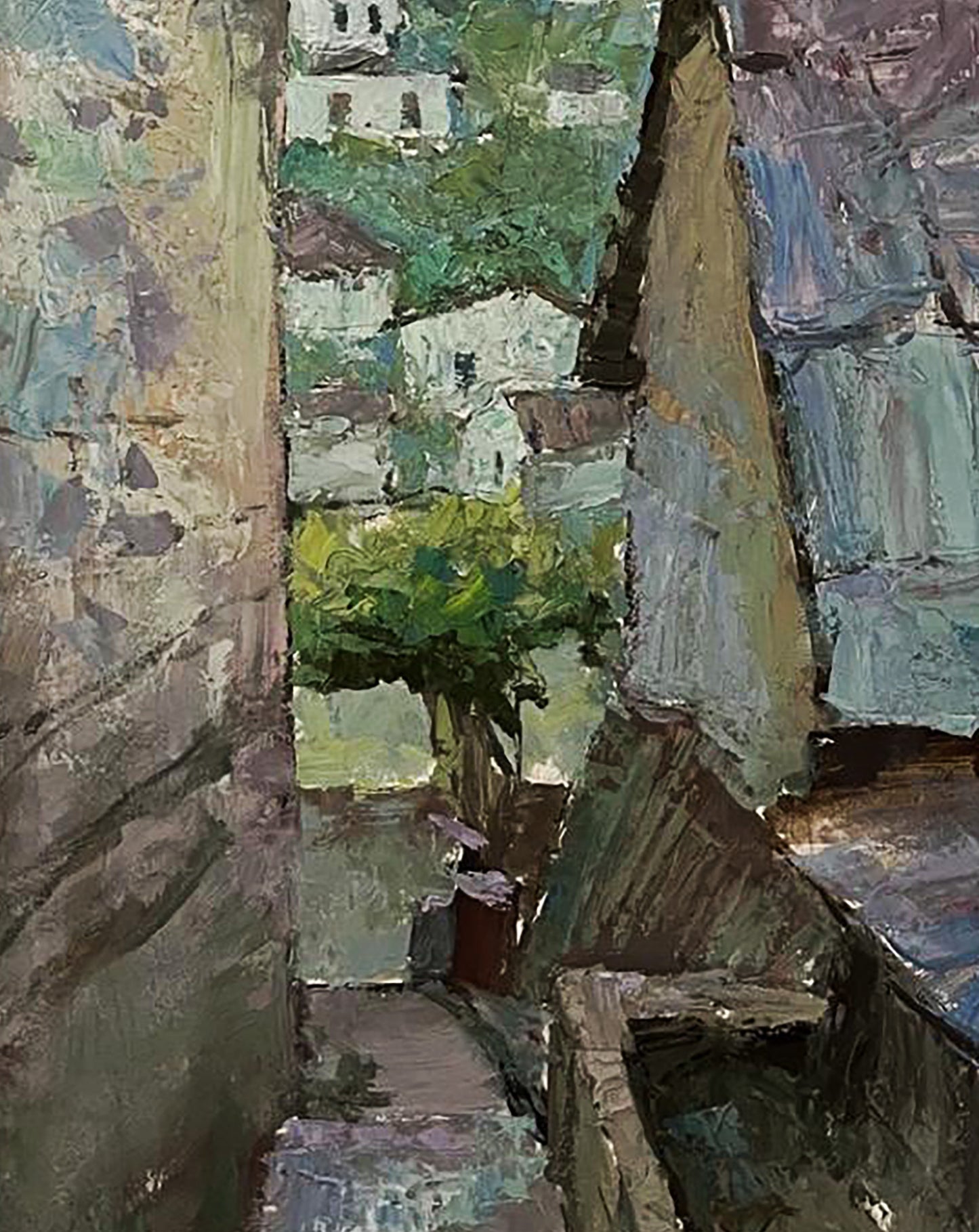 Oil painting of narrow alleyway with roofs by Oleksandr Andreev