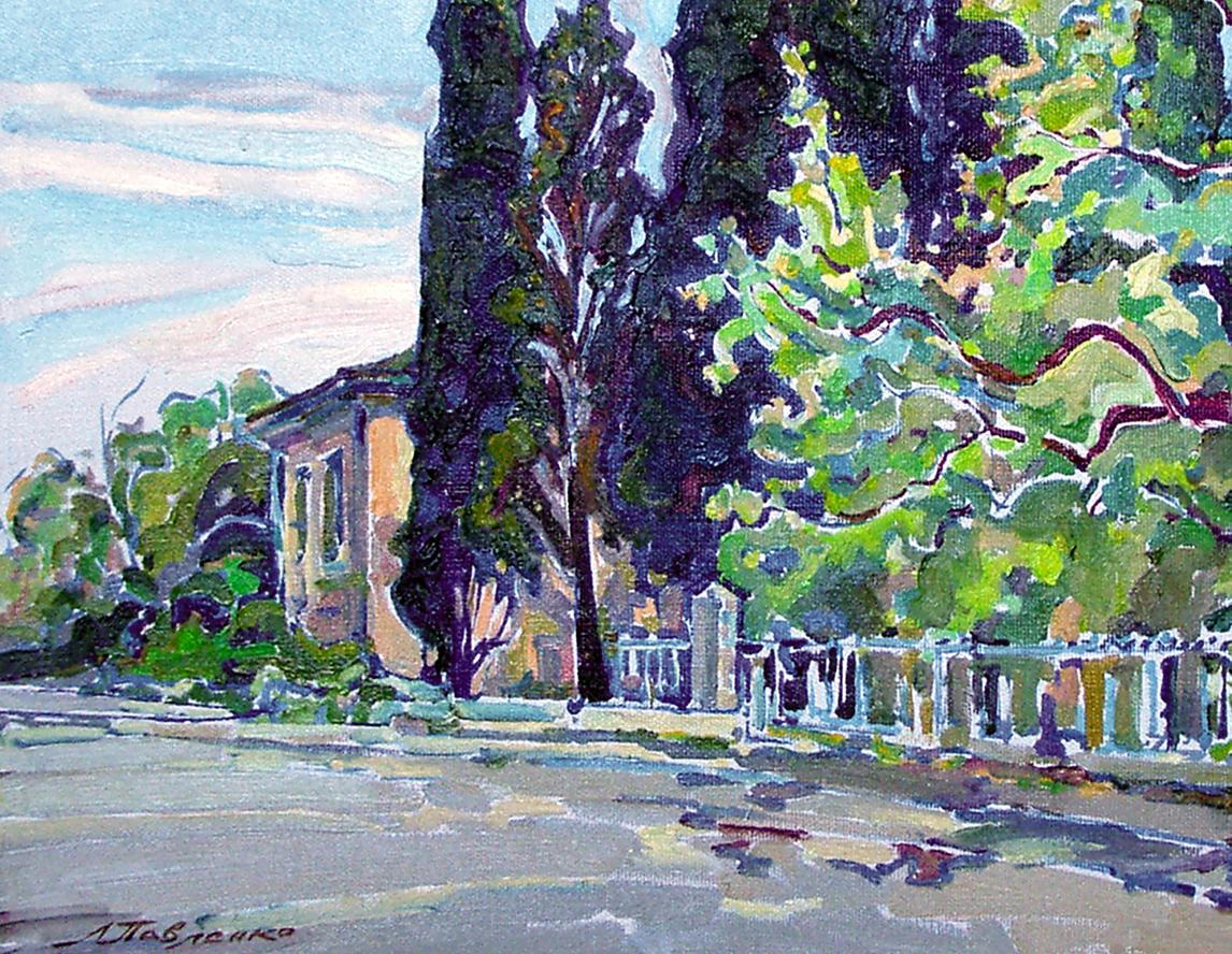 Vibrant oil painting by Leonid Pavlenko of sunlit cypress tree landscape