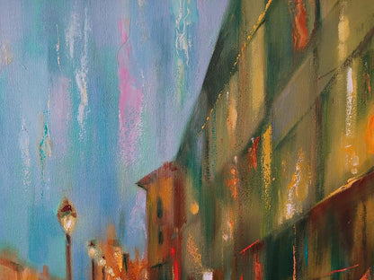 Abstract oil painting Rainy evening by Anatoly Tarabanov, vibrant city street at dusk