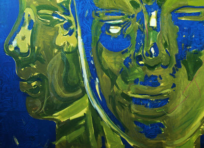 Vibrant oil painting Janus by Ed Potapenkov with bold green blue faces