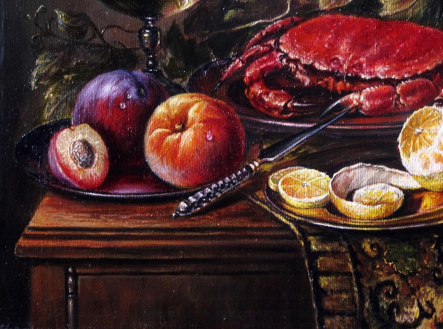Oil painting Still life with a crab by Valeriy Bulat: vibrant red crab on dark plate with lemons