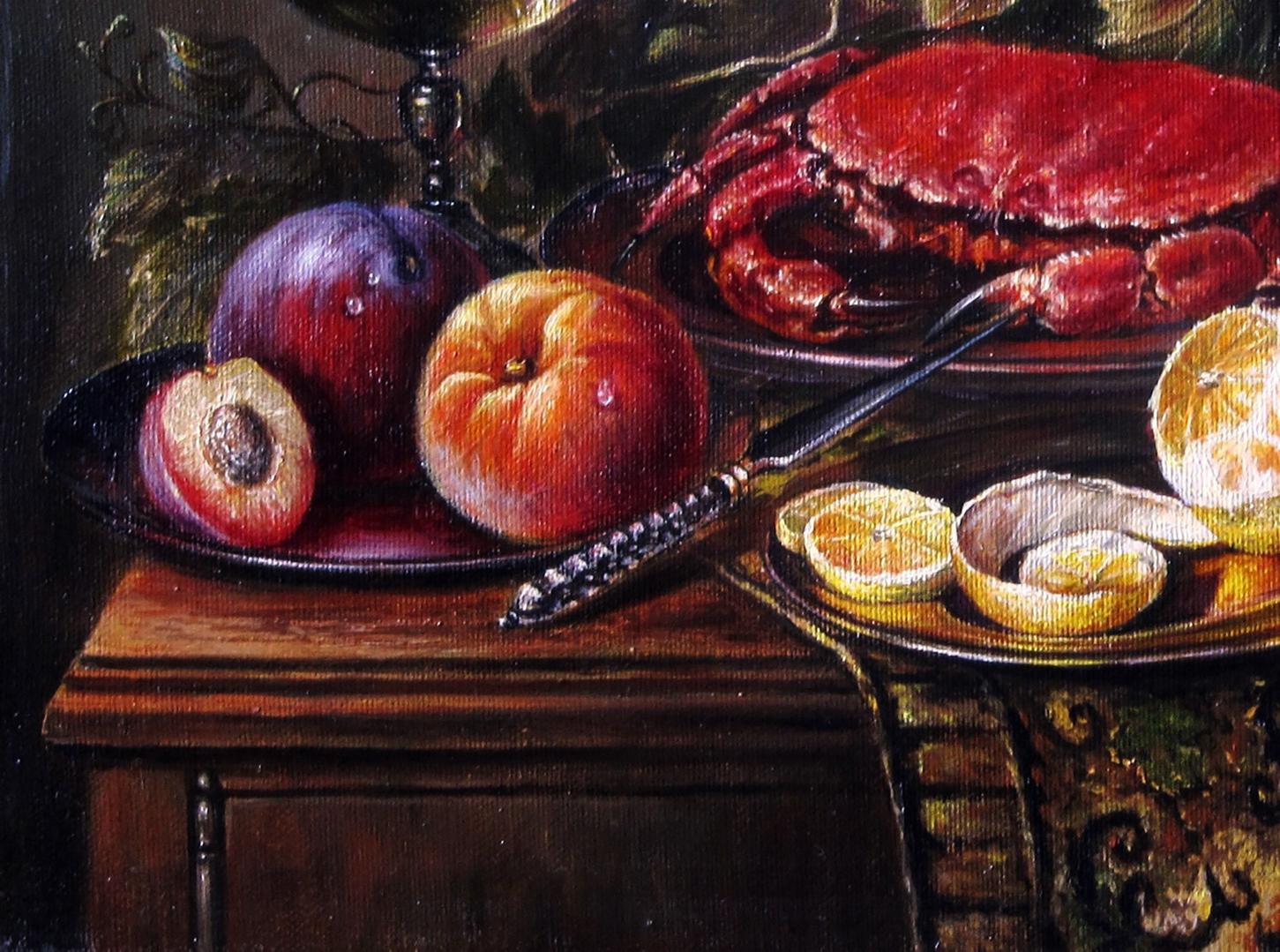 Oil painting Still life with a crab by Valeriy Bulat: vibrant red crab on dark plate with lemons