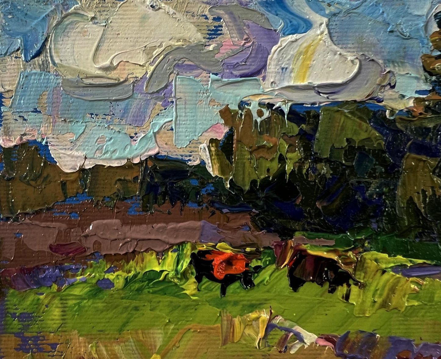Oil painting Summer nature by Oksana Ivanyuk: two black cows in lush field