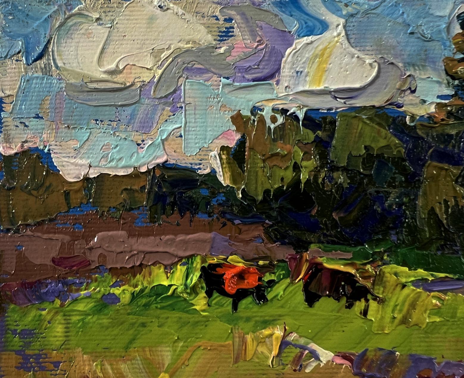Oil painting Summer nature by Oksana Ivanyuk: two black cows in lush field
