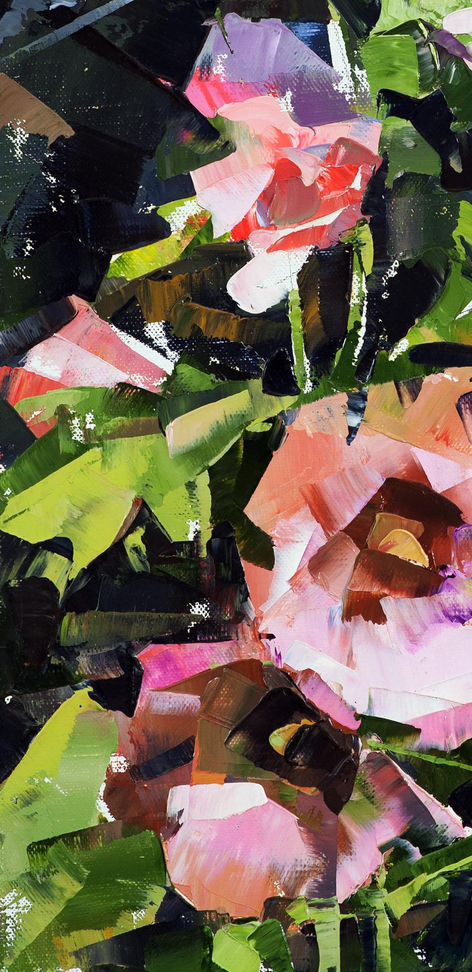 Vibrant pink and green abstract roses oil painting by Volodymyr Gluhomanyuk