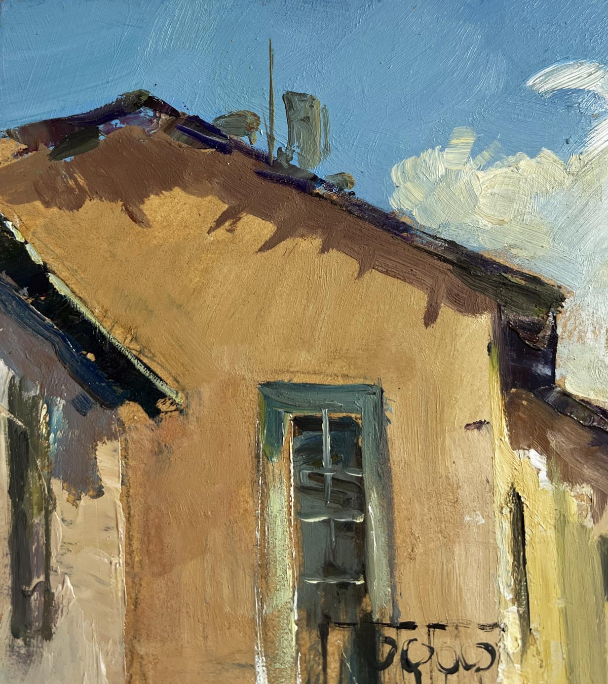 Oil painting of ochre house in city summer courtyard by Yuriy Suprunchuk