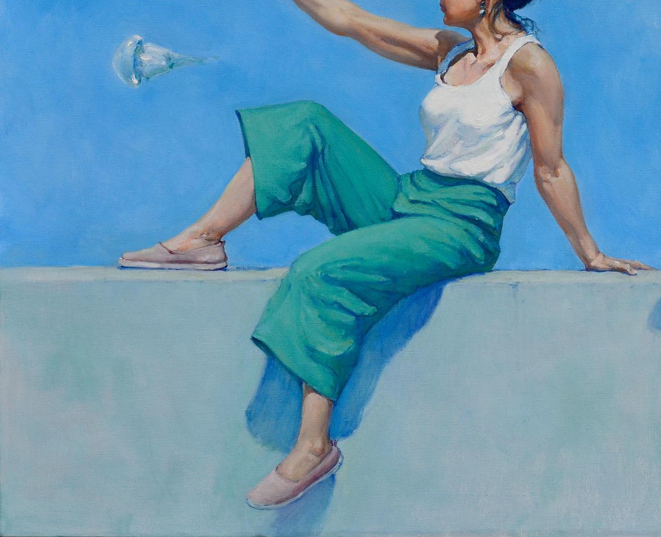 Oil painting by Oleg Kateryniuk: woman in white tank top, teal pants on ledge