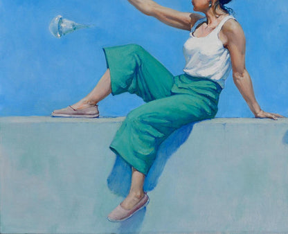 Oil painting by Oleg Kateryniuk: woman in white tank top, teal pants on ledge