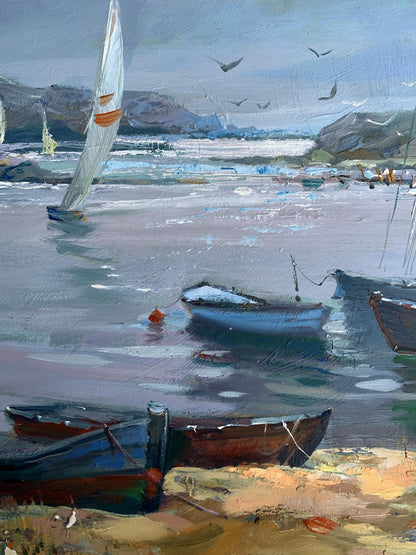 Oil painting of white sailboat with orange stripes by Yuriy Suprunchuk