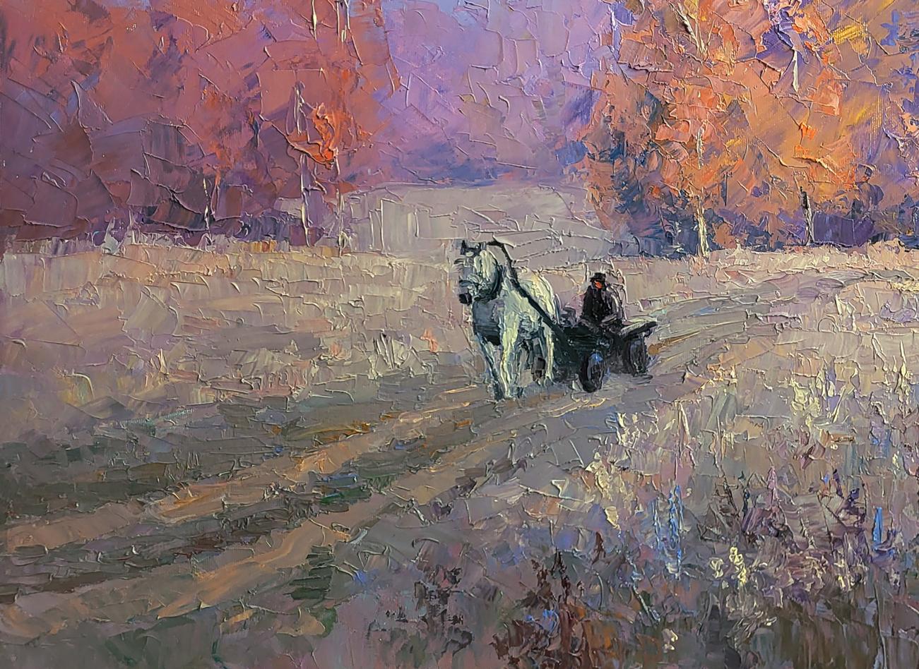 Oil painting Cold morning by Boris Serdyuk: white horse pulls dark cart on snowy path