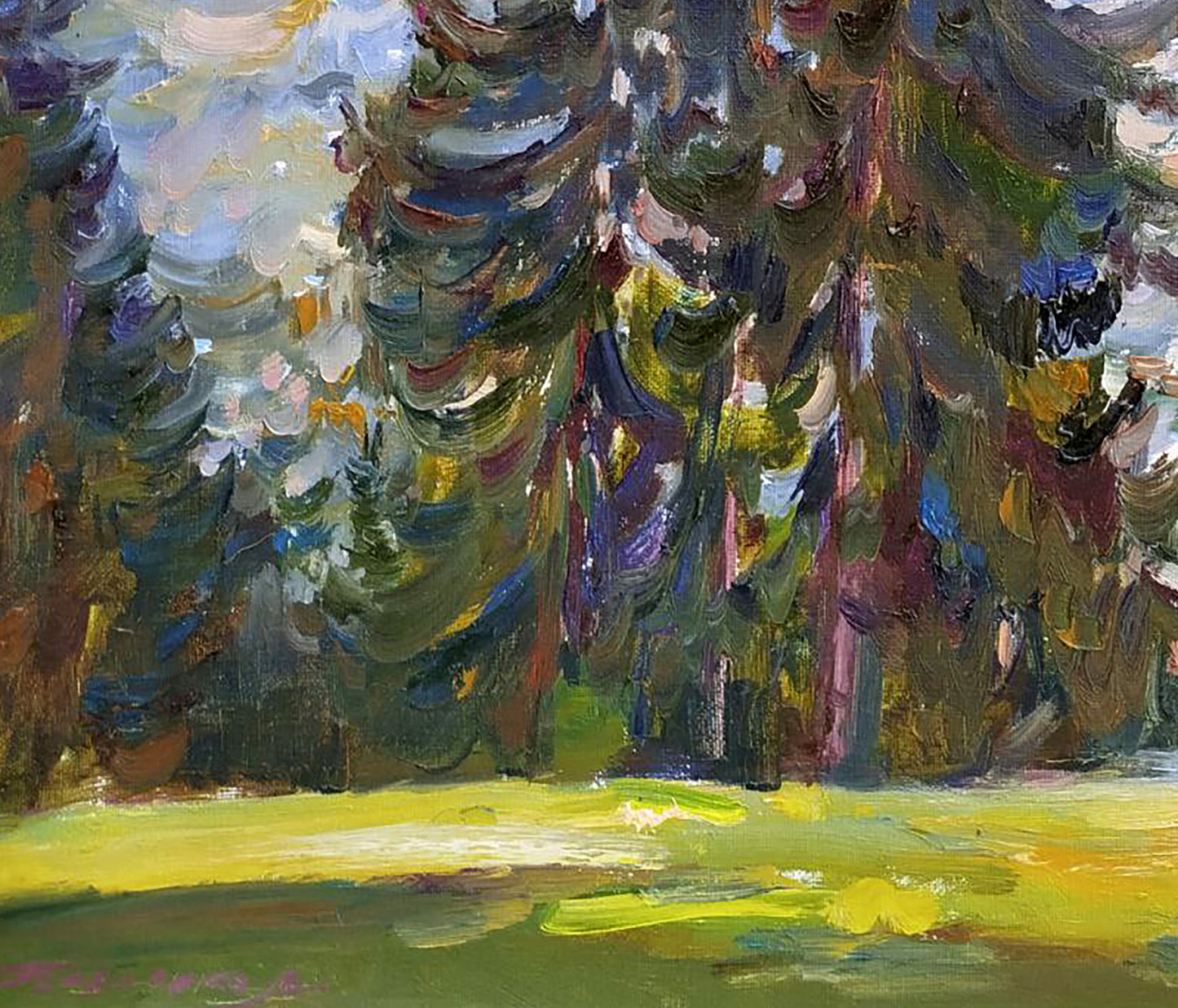 Vibrant impressionist oil painting of spruce trees by Leonid Pavlenko